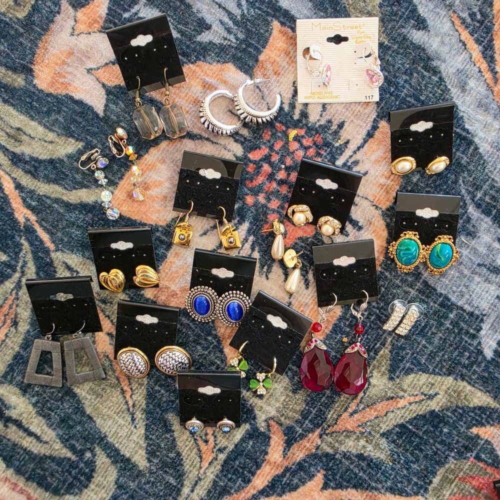 Vintage and Modern Earring Lot 15 Pairs Pearl Rhinestone Dangle Clip On Studs